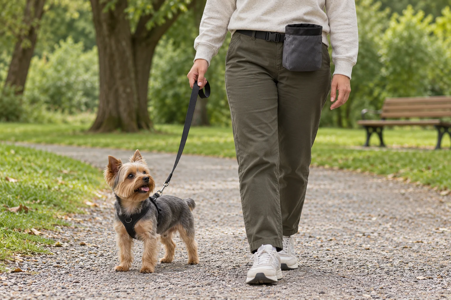 una persona con portapremios junto a un Yorkshire terrier en el parque
